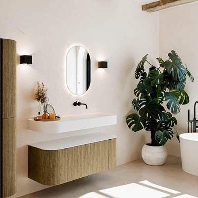 MONDIAZ THOR Meuble de salle de bains 120cm arrondi gauche + droite couleur Dusk avec 1 tiroir et 2 portes. Vasque suspendue CLOUD Droite sans trou de robinet couleur Talc.