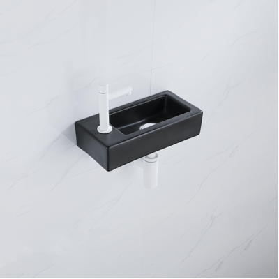 QeramiQ Fuente pack lave-mains – 37,5 x 18,5 x 9 cm – céramique noir mat – perçage à gauche – robinet blanc mat