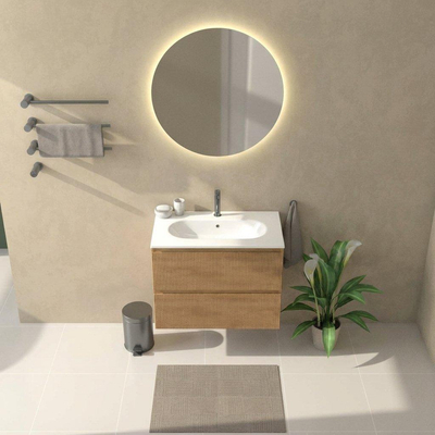 Saniclass Holz Atelier Ensemble meuble de salle de bains - 80x45x73.9cm - lavabo Chaci en céramique blanc - 1 vasque - 1 trou de robinetterie - 2 tiroirs - chêne natural mat (bois)