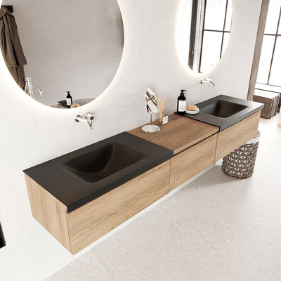 MONDIAZ BUKLA 220cm badmeubel met module 60 kleur Washed Oak met 3 lades. Wastafel CLOUD dubbel 0 kraangaten kleur Urban.