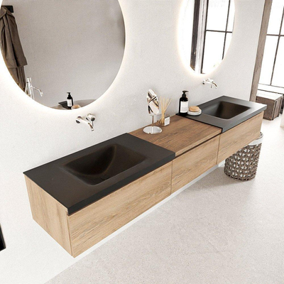 Mondiaz BUKLA badkamermeubelset 220x45x34cm 0 kraangaten 2 wasbakken solid surface Urban greeploos 3 lades met softclose Melamine Washed Oak