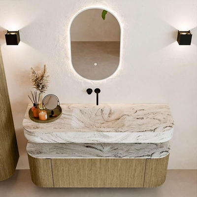 MONDIAZ THOR-DLUX 140cm meuble de salle de bains arrondi gauche + droite couleur Dusk avec 1 tiroir et 2 portes. Vasque suspendue CLOUD Milieu sans trou de robinet couleur Glace.