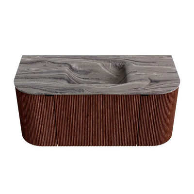 MONDIAZ KURVE-DLUX Meuble de salle de bains 100cm arrondi Gauche + Droite couleur Ruby avec 1 tiroir et 2 portes. Lavabo GRUNNE Central sans trou de robinet Sombra.