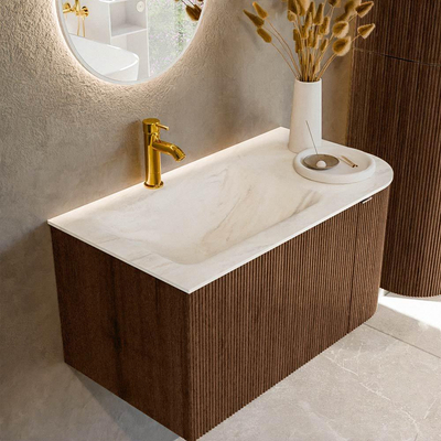 MONDIAZ KURVE-DLUX 85cm badmeubel met module 25 R kleur Walnut met 1 lade en 1 deur. Wastafel CLOUD links 1 kraangat kleur Ostra.