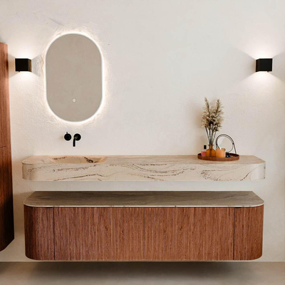 MONDIAZ THOR-DLUX Meuble de salle de bains 180cm arrondi gauche + droite couleur Ruby avec 2 tiroirs et 2 portes. Vasque suspendue CLOUD Gauche sans trou de robinet couleur Arena.