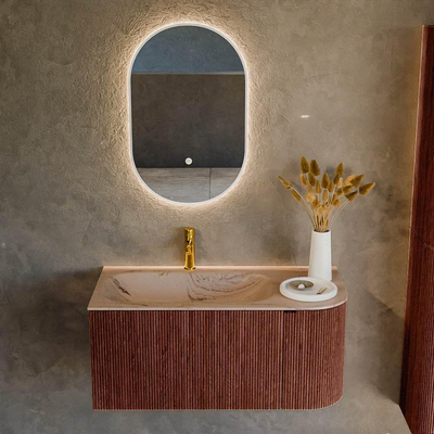 MONDIAZ KURVE-DLUX Meuble de salle de bains 95cm arrondi à droite couleur Ruby avec 1 tiroir et 1 porte. Lavabo BIG SMALL à gauche 1 trou de robinet Arena.