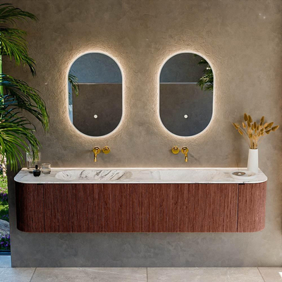 Ensemble de meuble de salle de bain Mondiaz KURVE-DLUX - 200x46x40cm - 2 tiroirs - 2 portes - lavabo en solid surface - double - sans trou de robinet - Ruby