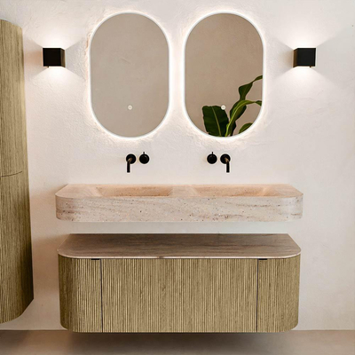 MONDIAZ THOR-DLUX 130cm meuble de salle de bains arrondi gauche + droite couleur Dusk avec 1 tiroir et 2 portes. Vasque suspendue CLOUD Double sans trou de robinet couleur Saba.