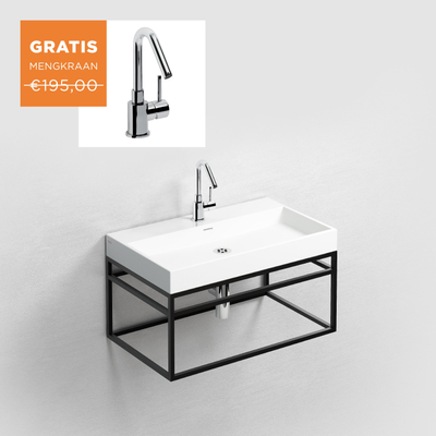 Clou Wash Me Ensemble de meuble de salle de bains Frame 70x38x42cm Noir mat Lavabo en céramique blanc brillant avec robinet Xo 7 bonde d'écoulement ouverte et siphon Chrome