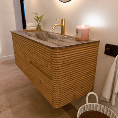 Mondiaz CIRO-DLUX Badkamermeubelset - 120x45x50cm - Solid surface wastafel Sombra - 1 wasbak Rechts - 1 kraangat - 2 lades - Oak