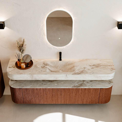 MONDIAZ THOR-DLUX 190cm meuble de salle de bains arrondi gauche + droite couleur Ruby avec 2 tiroirs et 2 portes. Vasque suspendue CLOUD Milieu 1 trou de robinet couleur Frappe.