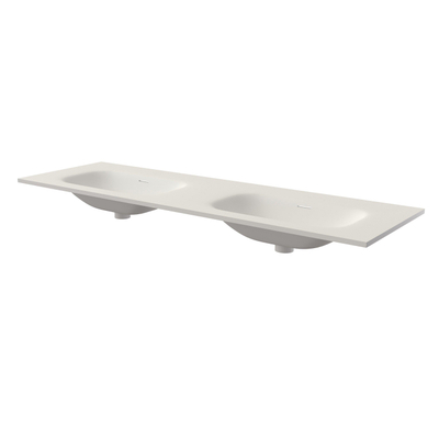 Saniclass Flow Meubelwastafel - 141x46x1.5cm - overloop - 2 wasbakken - zonder kraangaten - solid surface wit mat OUTLETSTORE