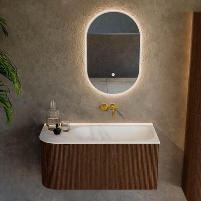 MONDIAZ KURVE Meuble de salle de bains 95 cm avec module 25 L couleur Walnut avec 1 tiroir et 1 porte. Lavabo BIG SMALL à droite sans trou de robinet Talc.