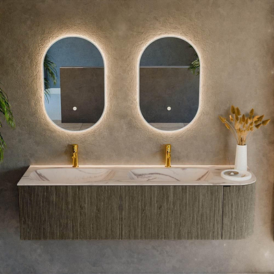 MONDIAZ KURVE-DLUX 165cm badmeubel ronding Rechts kleur Shadow met 2 lades en 1 deur. Wastafel STOR SMALL Dubbel / Links 2 kraangaten Nata.
