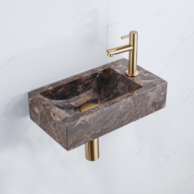 FugaFlow Efficiente Pietra Fonteinset - 40x22x10cm - kraangat rechts - fonteinkraan geborsteld messing PVD - afvoerplug - verlaagd sifon - Dark Emporador