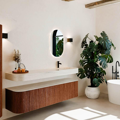 MONDIAZ THOR-DLUX 180cm meuble de salle de bains arrondi gauche + droite couleur Ruby avec 2 tiroirs et 2 portes. Vasque suspendue CLOUD Droite 1 trou de robinet couleur Meli.