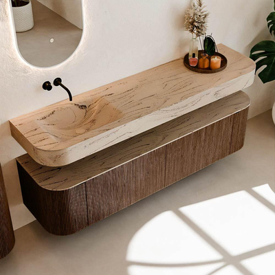 MONDIAZ THOR-DLUX Meuble de salle de bains - 180cm - arrondi gauche + droite - couleur Walnut - 2 tiroirs - 2 portes - Vasque suspendue CLOUD Gauche sans trou de robinet - couleur Arena