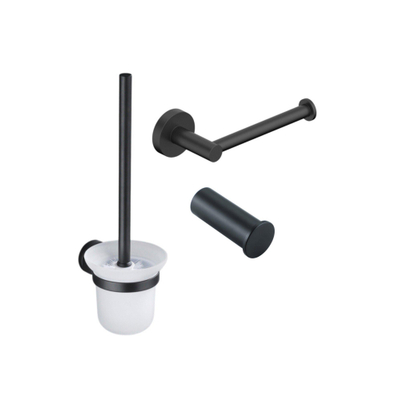 FugaFlow Eccelente Ensemble accessoires WC 3 pièces - porte-rouleau sans couvercle - brosse WC - crochet à serviette simple rond - noir mat