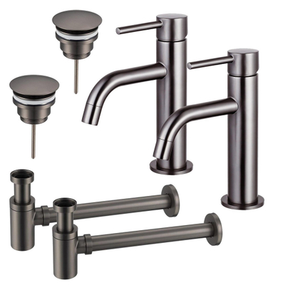 FugaFlow Eccelente Sobrado Badkamer Slim Wastafelkraanset - voor dubbele wastafel - lage wastafelkraan - always open plug - verlaagde design sifon - PVD Gepolijst Gunmetal