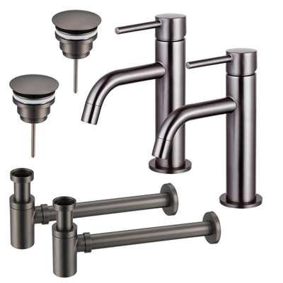 Fortifura Calvi Kit robinet lavabo - pour double vasque - robinet bas - bonde non-obturable - siphon design bas - Gunmetal PVD