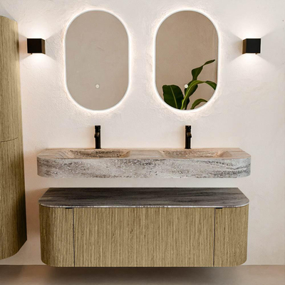 MONDIAZ THOR-DLUX 140cm meuble de salle de bains arrondi gauche + droite couleur Dusk avec 1 tiroir et 2 portes. Vasque suspendue CLOUD Double 2 trous de robinet couleur Oza.