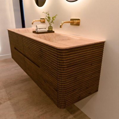 Mondiaz CIRO-DLUX Badkamermeubelset - 160x45x50cm - Solid surface wastafel Saba - 2 wasbak Dubbel - zonder kraangaten - 4 lades - Dusk