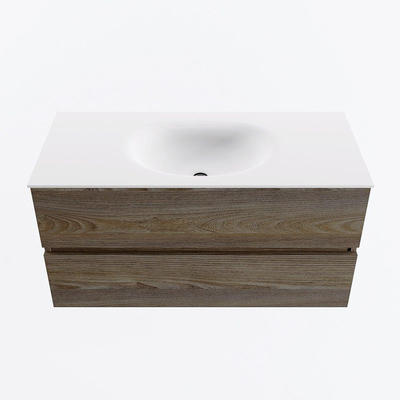 Mondiaz VICA ensemble de meuble de salle de bain - 100cm - meuble sous-vasque marron foncé gris - 2 tiroirs - lavabo lune milieu - sans trous de robinet - version haute de 60cm - talc