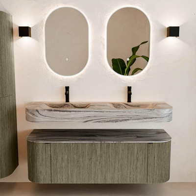 MONDIAZ THOR-DLUX 140cm meuble de salle de bains arrondi gauche + droite couleur Shadow avec 1 tiroir et 2 portes. Vasque suspendue CLOUD Double 2 trous de robinet couleur Sombra.