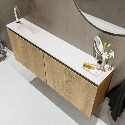MONDIAZ TURE Fonteinset - 120x23x50cm - 1 kraangat - 2 deuren - washed oak mat - Wasbak links - Solid Surface Wit