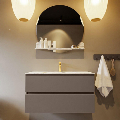 Mondiaz VICA-DLUX Ensemble de meuble de salle de bain - 90cm - meuble sous-vasque fumée - 2 tiroirs - lavabo encastré nuage milieu - 1 trou de robinet - version haute 60cm - glace