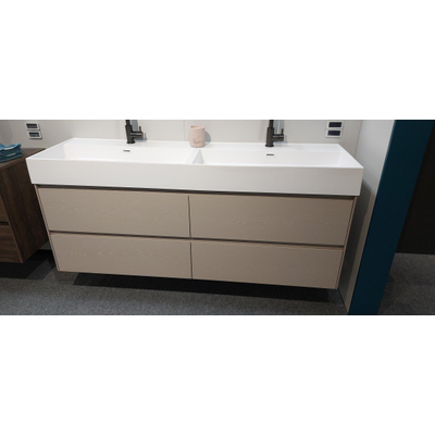 BRAUER Gravity wastafel 160x46x13cm 2 wasbakken 2 kraangaten mineraalmarmer wit MET Inspire wastafelonderkast 160 4 softclose lades Timber Greige SHOWROOMMODEL