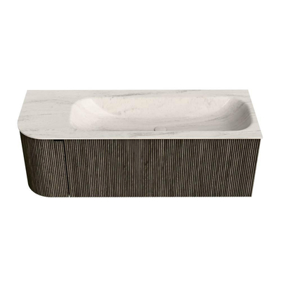 MONDIAZ KURVE-DLUX Meuble de salle de bains 125cm arrondi à gauche couleur Shadow avec 1 tiroir et 1 porte. Lavabo BIG MEDIUM à droite sans trou de robinet Meli.