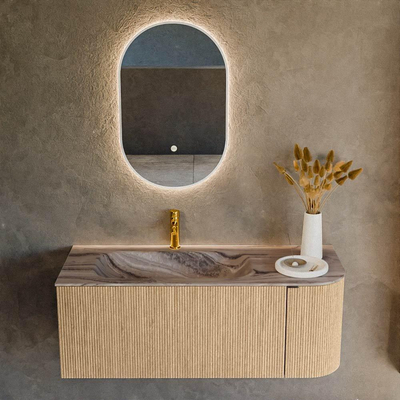MONDIAZ KURVE-DLUX meuble de salle de bains 115cm arrondi à droite couleur chêne avec 1 tiroir et 1 porte. Lavabo BIG SMALL gauche 1 trou de robinet Sombra.