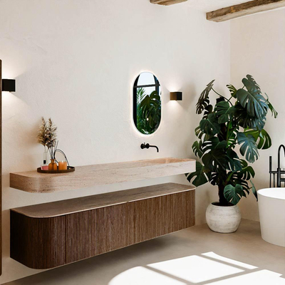 MONDIAZ THOR-DLUX 200cm badmeubel ronding links + rechts kleur Walnut met 2 lades en 2 deuren. Vrijhangende wastafel CLOUD Rechts zonder kraangat kleur Saba.