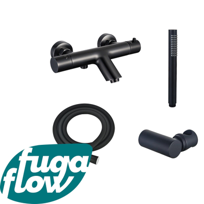 FugaFlow Eccelente Sobrado Badkamer Thermostatische badkraan met staafhanddouche, handdouchehouder en gladde doucheslang mat zwart