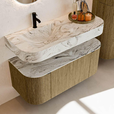 MONDIAZ THOR-DLUX Meuble de salle de bains - 110cm - arrondi gauche + droite - couleur Dusk - 1 tiroir - 2 portes - Vasque suspendue CLOUD Gauche 1 trou de robinet couleur Glace