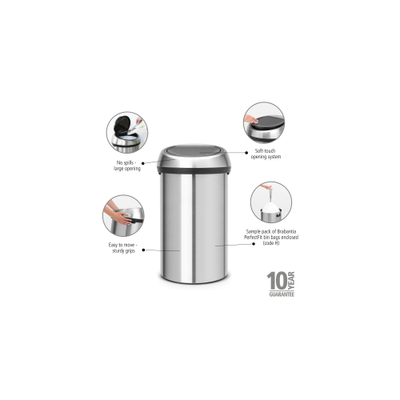 Brabantia Touch Bin Poubelle - 60 litres - matt steel fingerprint proof