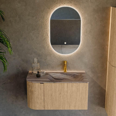 MONDIAZ KURVE-DLUX 85cm badmeubel ronding Links kleur Oak met 1 lade en 1 deur. Wastafel CLOUD Rechts 1 kraangat Sombra.