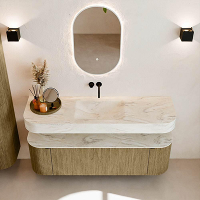 MONDIAZ THOR-DLUX 150cm meuble de salle de bains arrondi gauche + droite couleur Dusk avec 1 tiroir et 2 portes. Vasque suspendue CLOUD Milieu sans trou de robinet couleur Ostra.