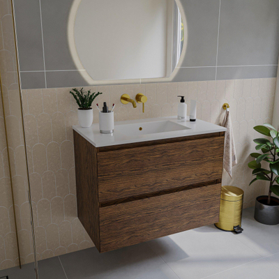 Saniclass Holz Pure Meuble de salle de bains - 80x45x60cm - 2 tiroirs - 1 lavabo - sans trous de robinet - trop-plein - Noyer pur