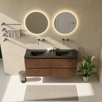 Saniclass Holz Atelier Ensemble de meubles de salle de bains - 140x45x62cm - Lavabo Vygo en céramique noir - 2 vasques - sans trous de robinet - 4 tiroirs - walnut pure mat (bois)