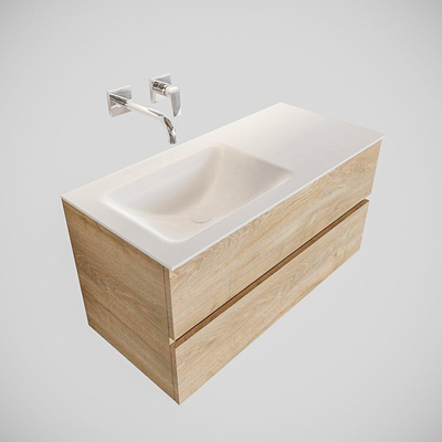 MONDIAZ VICA Ensemble de meuble salle de bain - 100cm - 2 tiroirs - lavabo Cloud gauche - 0 trous de robinet - solid surface chêne blanchi