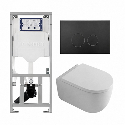 QeramiQ Dely Swirl Ensemble WC- 36.3x51.7cm - Réservoir encastré Geberit UP320 - Abattant 35mm - Plaque de commande en noir mat - Boutons ronds - Blanc brillant