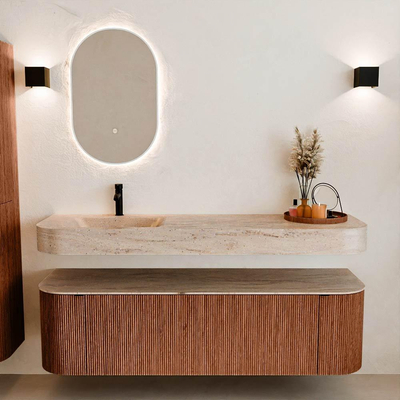 MONDIAZ THOR-DLUX 160cm meuble de salle de bains arrondi gauche + droite couleur Ruby avec 1 tiroir et 2 portes. Vasque suspendue CLOUD Gauche 1 trou de robinet couleur Saba.