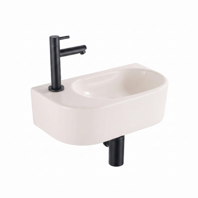 QeramiQ Fuente Lavabo pour WC - 40x22x12 cm - lisse - demi-rond - trou de robinet de Lavabo pour WC a gauche - ceramique - robinet de Lavabo pour WC noir mat - siphon bas - bonde - lin