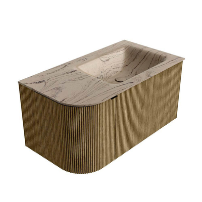 MONDIAZ KURVE-DLUX meuble de salle de bains 85cm arrondi gauche couleur Dusk avec 1 tiroir et 1 porte. Lavabo CLOUD droit 1 trou de robinet Arena.