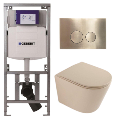 QeramiQ Dely Pack WC - 36,3x51,7cm - à fond creux - sans bride - réservoir encastré Geberit UP320 - abattant WC à fermeture douce - plaque de déclenchement en laiton brossé - boutons ronds - beige mat