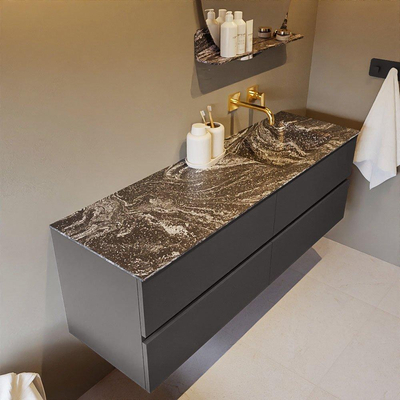 Mondiaz VICA-DLUX ensemble de meuble de salle de bain - 150cm - meuble sous-vasque gris foncé - 4 tiroirs - lavabo encastré cloud droite - sans trous de robinet - version haute de 60cm - lave