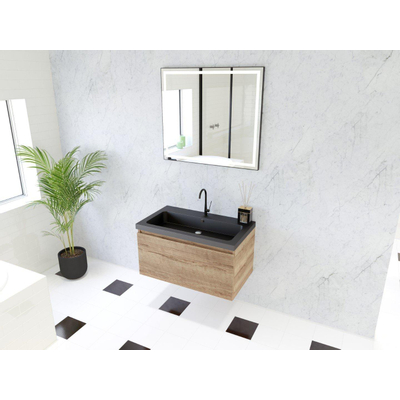 HR Matrix ensemble meuble de salle de bain 3d 80cm 1 tiroir sans poignée avec bandeau en coloris chêne français avec vasque djazz 1 trou robinet noir mat