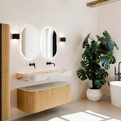 MONDIAZ THOR-DLUX 120cm meuble de salle de bains arrondi gauche + droite couleur Oak avec 1 tiroir et 2 portes. Vasque suspendue CLOUD Double sans trou de robinet couleur Nata.